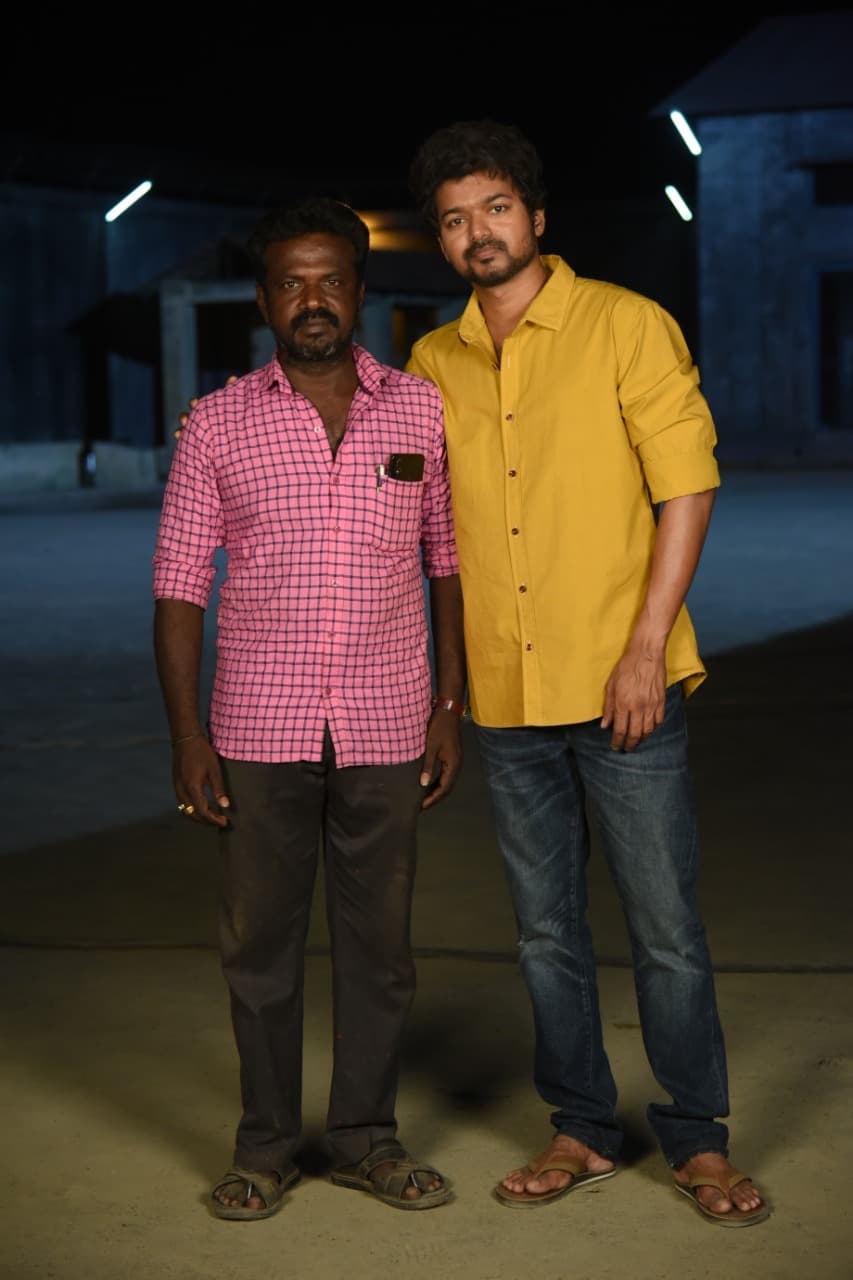 Founder Perumal with Thalapathy Vijay during Master Movie Stage Setup